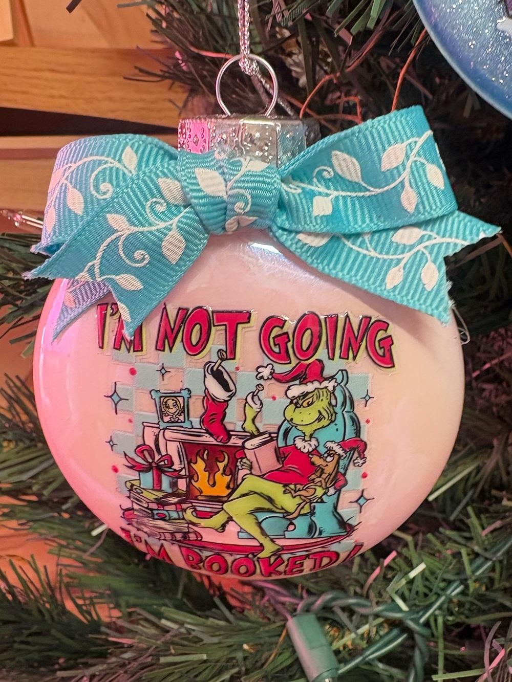 Holiday 'I'm Not Going' Grinch shatterproof Ornament - White with blue Bow